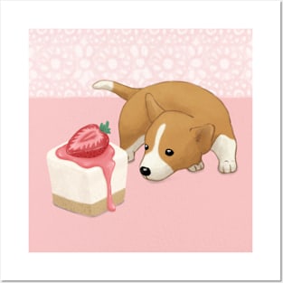 Cute Welsh Corgi and Cheesecake Illustration Art Posters and Art